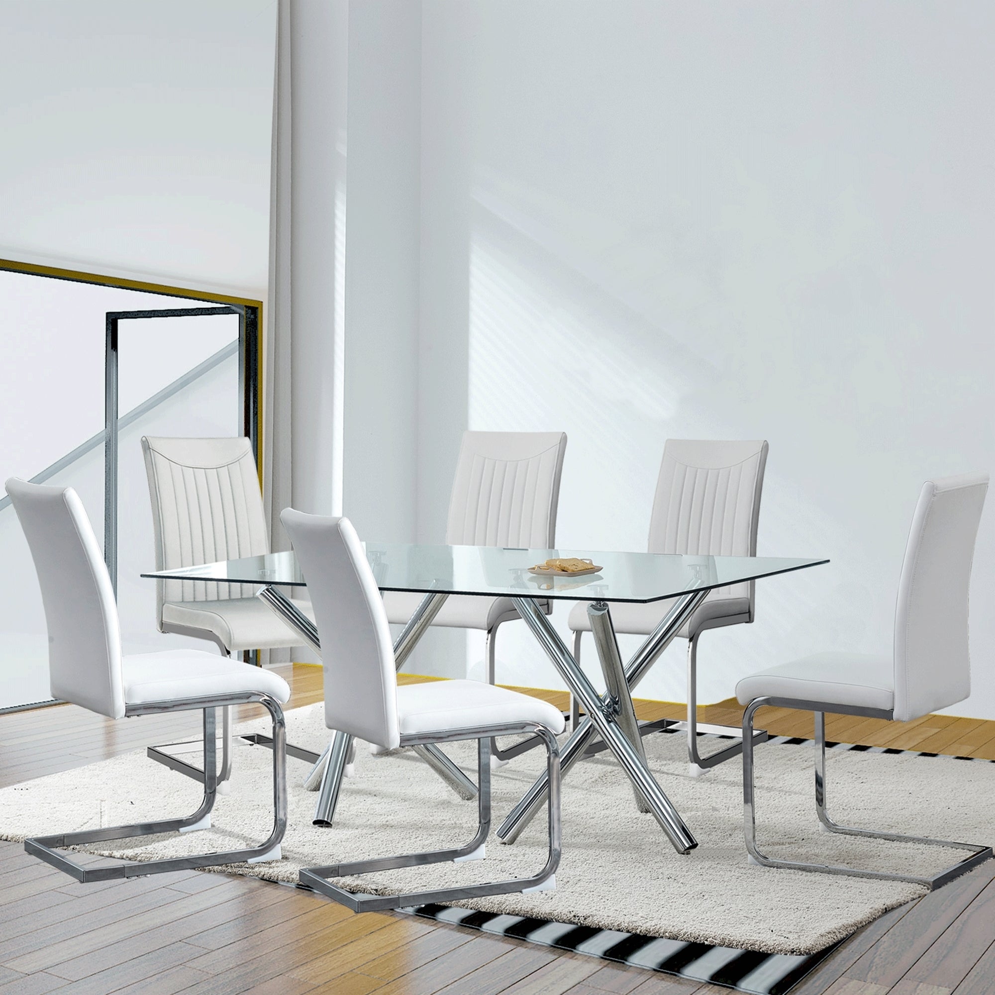 Modern Minimalist Rectangular Glass Dining Table for 6-8 with 0.39" Tempered Glass Tabletop and Silver Chrome Metal Legs