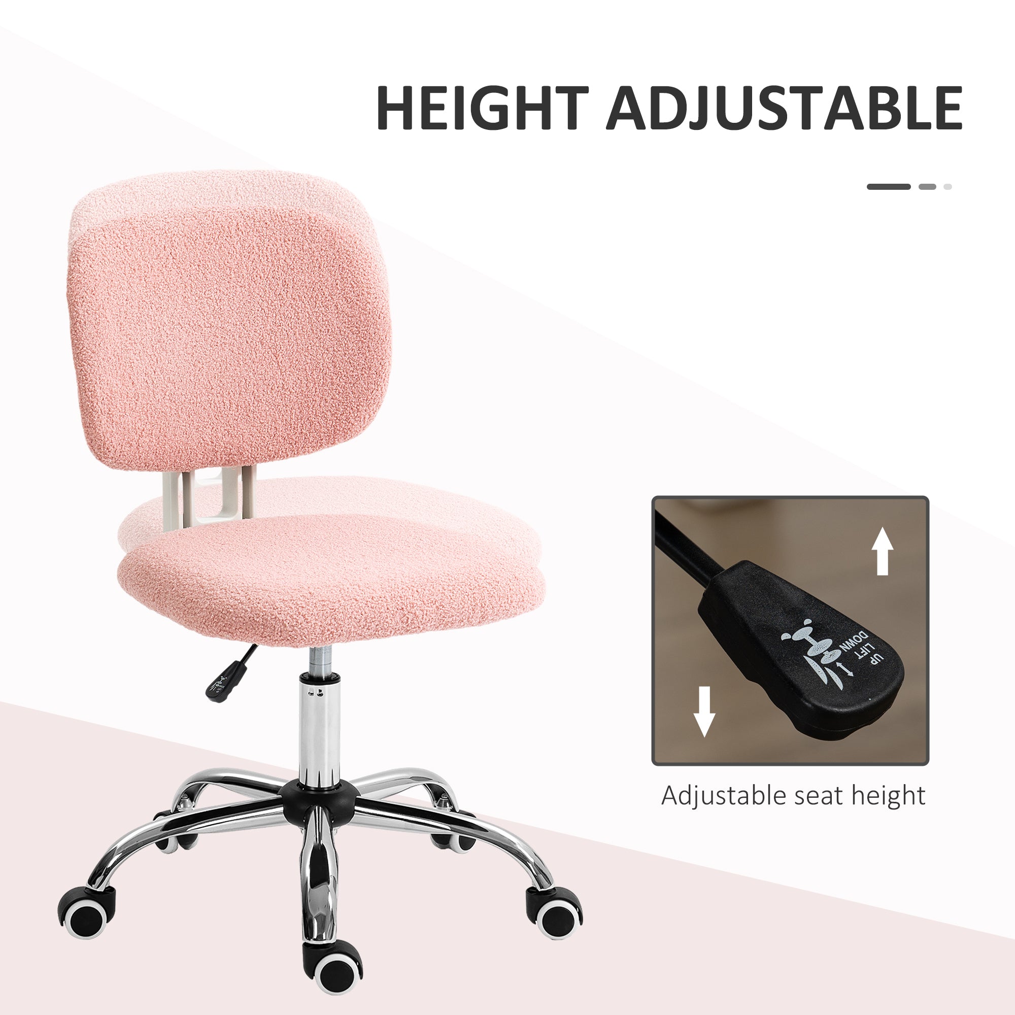 Cute Armless Office Chair, Teddy Fleece Fabric Computer Desk Chair, Vanity Task Chair with Adjustable Height, Swivel Wheels, Mid Back - Pink