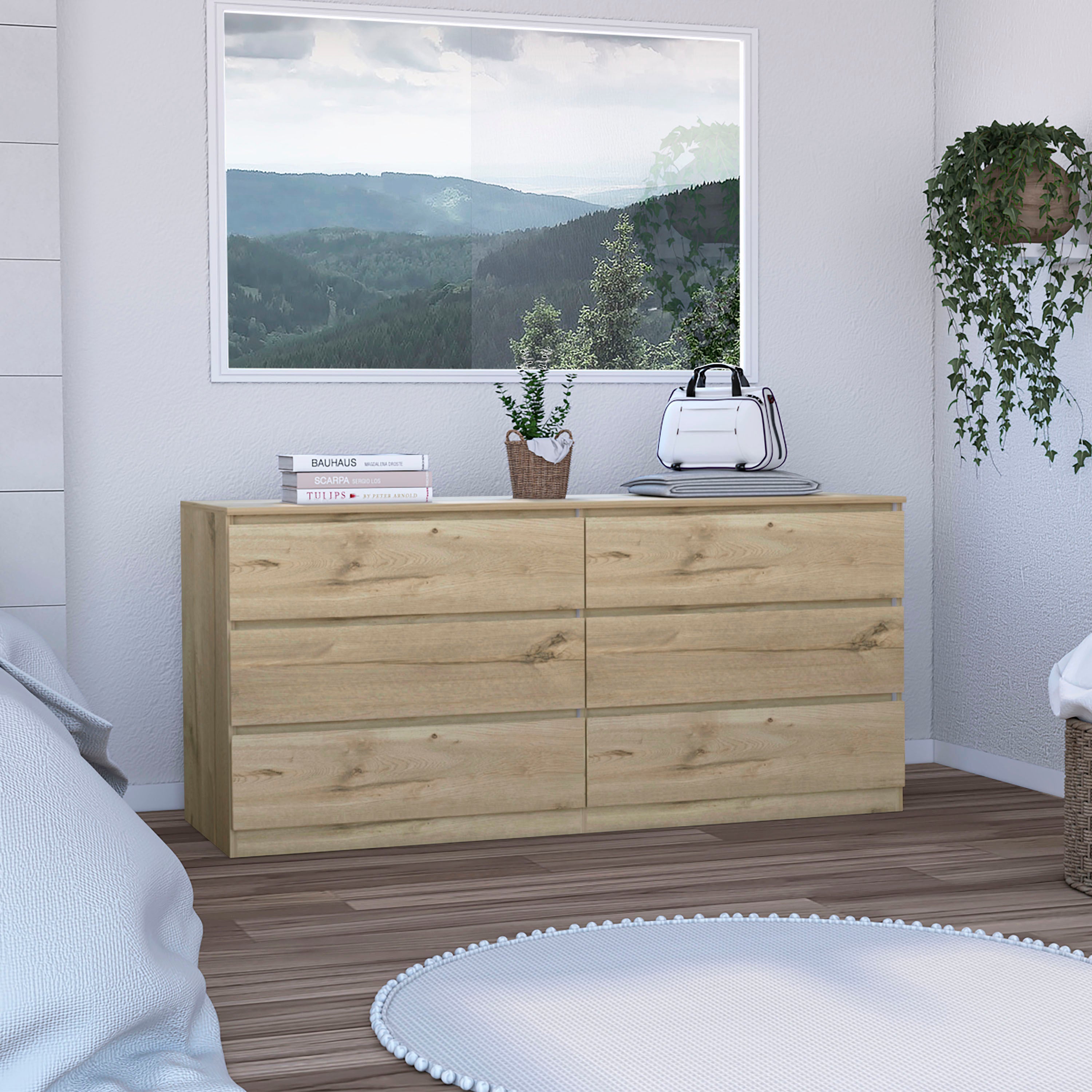 6 Drawer Double Dresser - Light Oak / White