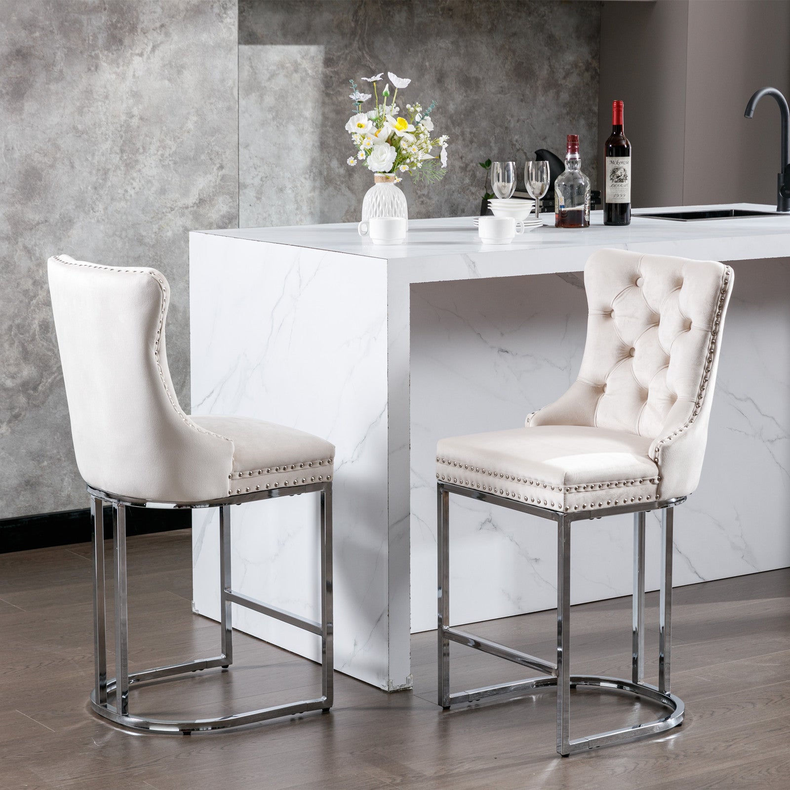 Modern Velvet Barstools 26" Counter Height Bar Stools (Set of 2) - Beige