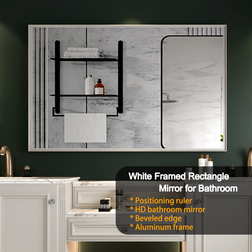 40x30inch Glossy White Rectangular Wall-Mounted Beveled Bathroom Mirror (Horizontal & Vertical)