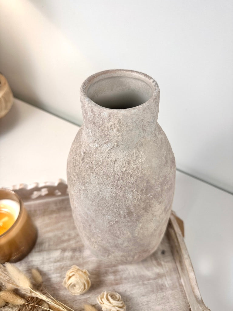 Rustic Hand-Painted/Textured Ceramic Vase 12” tall - beige washed