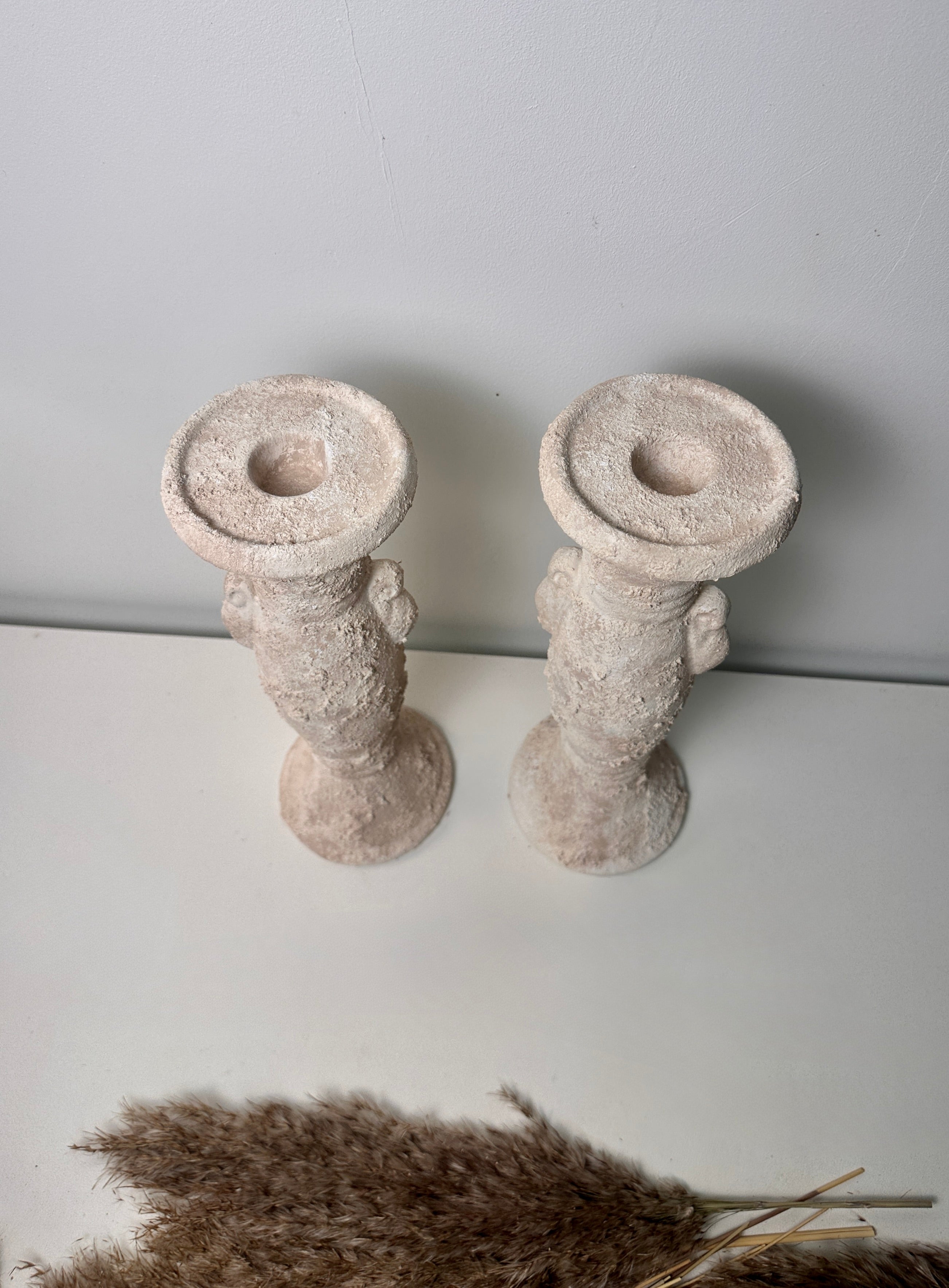 Set of 2 candlestick tray holders hand-painted and textured minimalist roman style 12" tall - Cream Sand wash