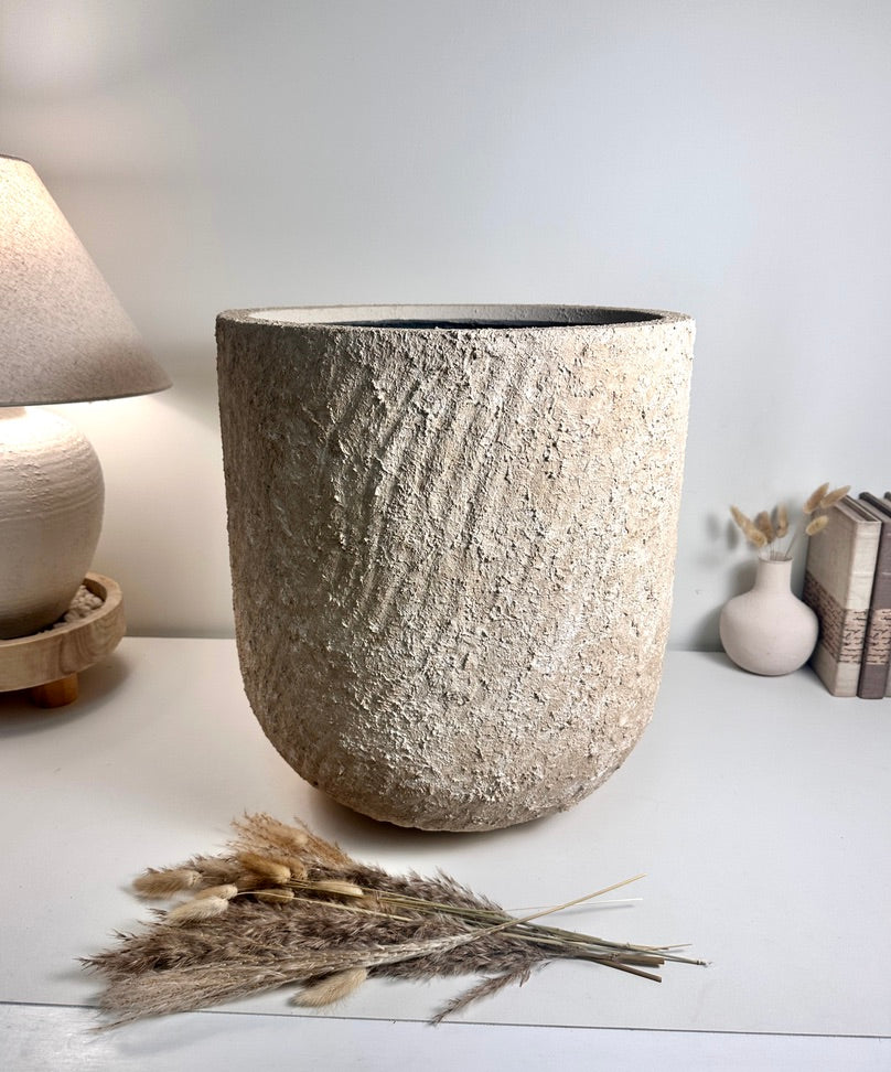 Minimalist Hand-Painted & Textured Planter Pot 17.5" tall with drainage hole one time creation - cream sand washed