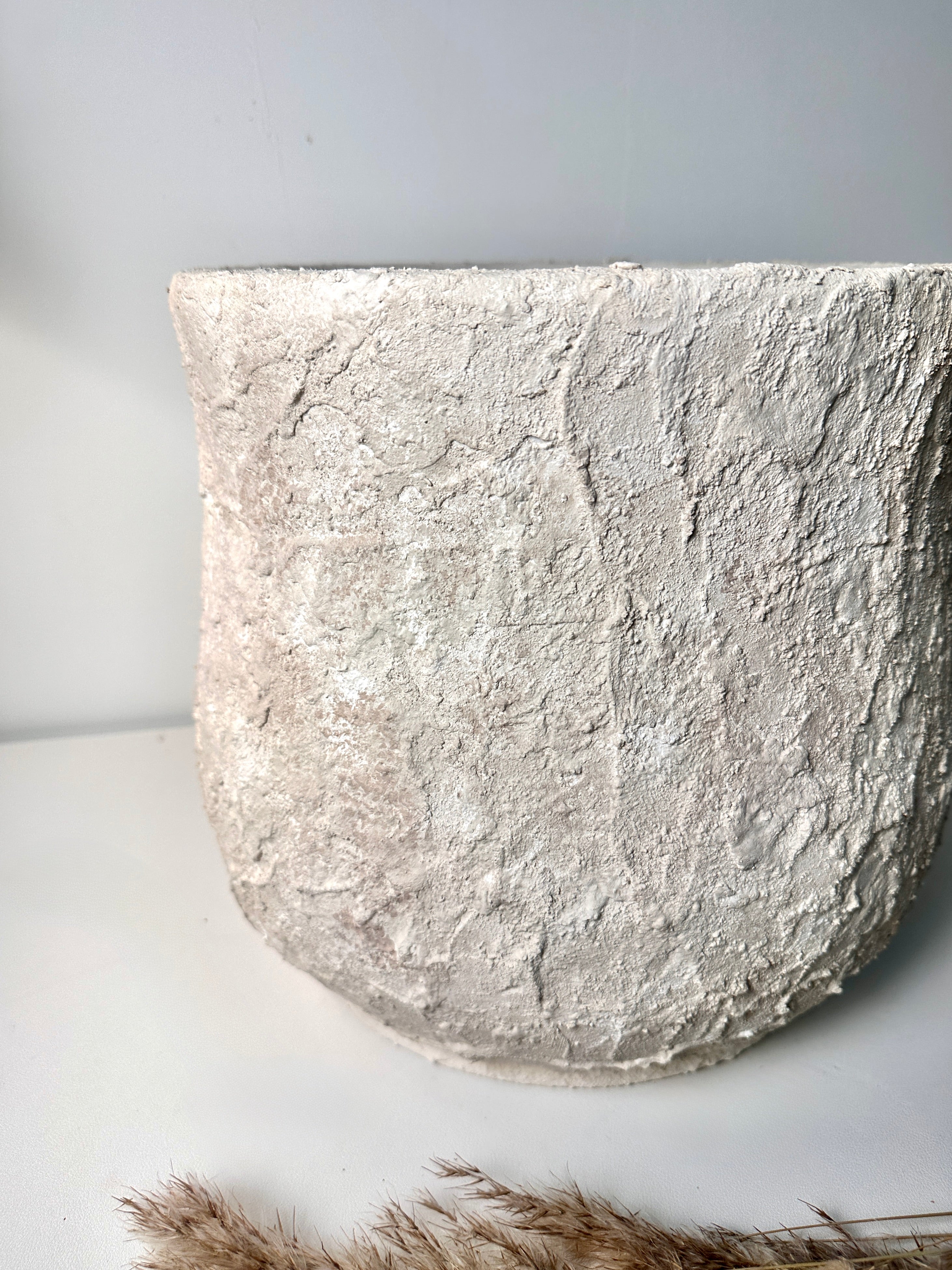Minimalist Hand-Painted & Textured Planter Pot 12" tall with drainage hole one time creation - Cream Linen wash