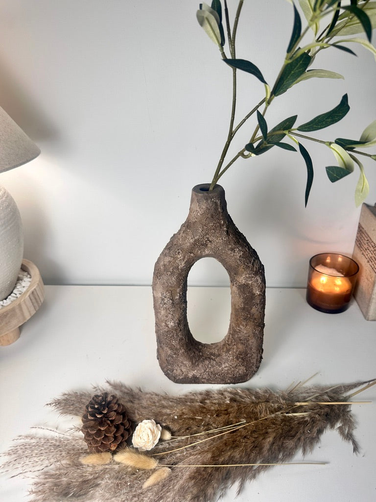 Rustic Tree Style Wood Vase Textured Handcrafted 14" tall - Dark Brown Wash