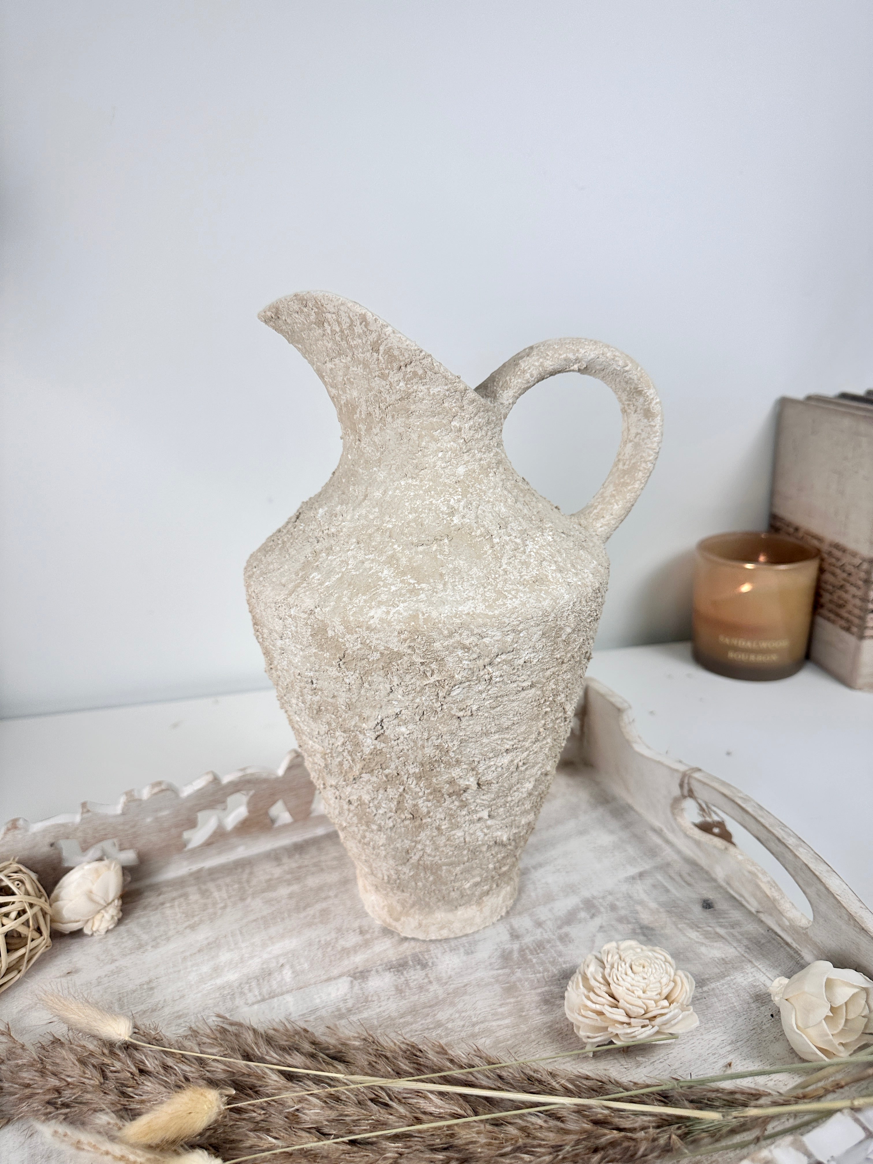 Decorative Textured Hand-painted Pitcher Vase Cream Sand washed 12"