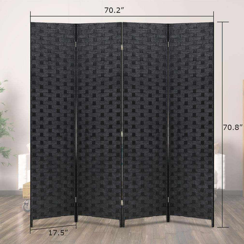 4 Panels Wood Mesh Hand-Woven Design Room Screen Divider - Black