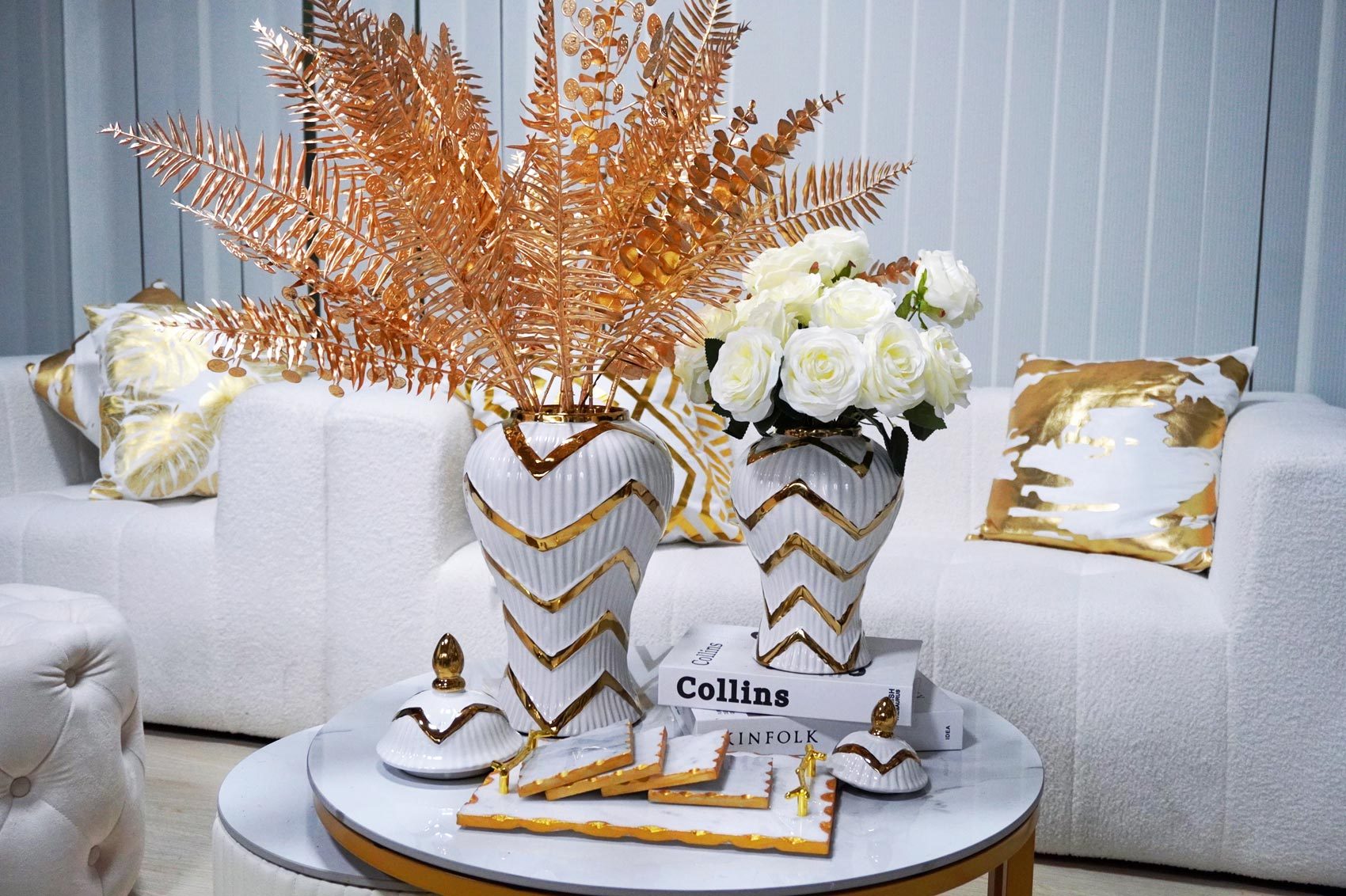 12.50"H Timeless White Gilded Waves Ginger Jar with Removable Lid
