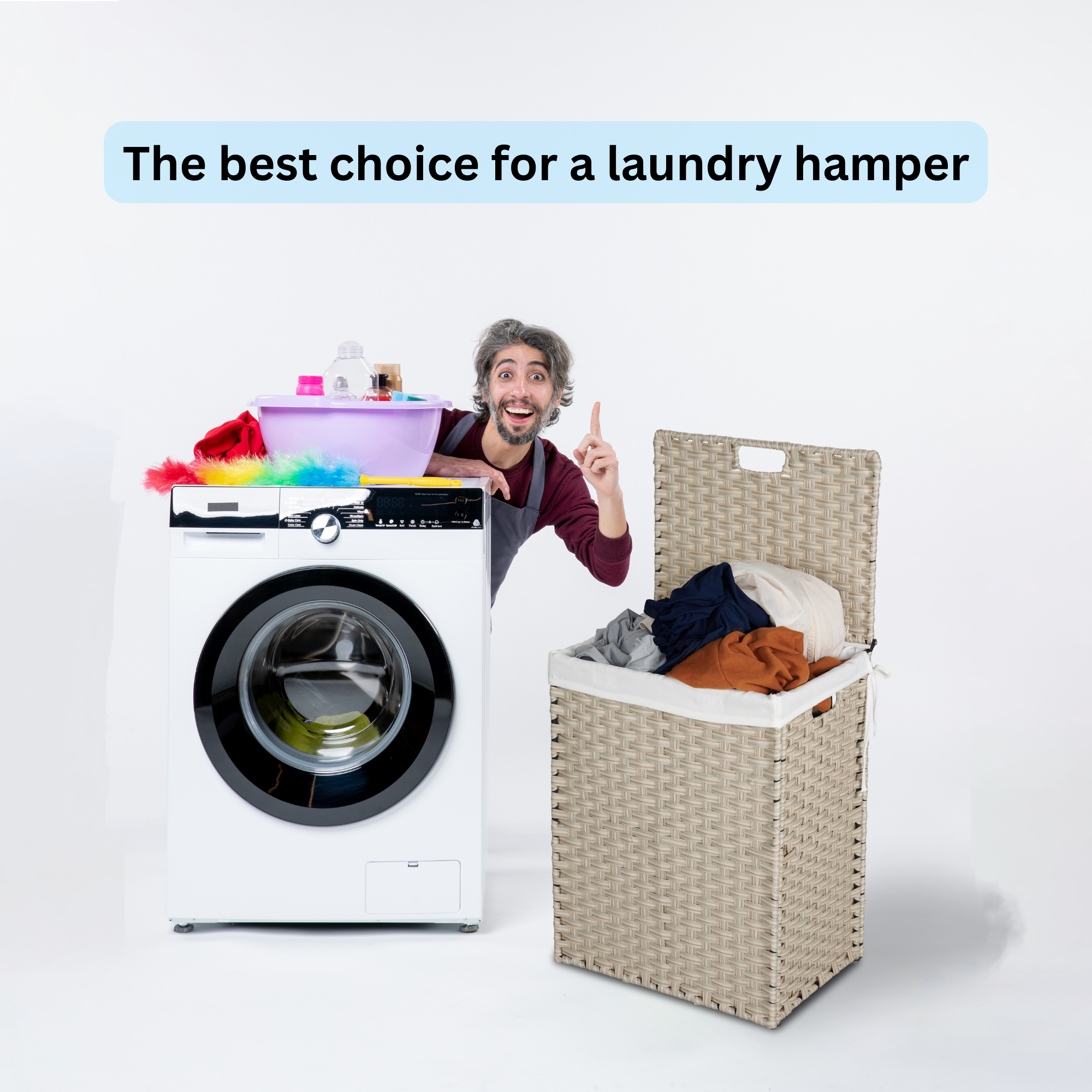 Laundry Hamper With Lid PE Rattan Powder Coating Frame Clothes with 2 Removable Bags, 100L - Light Grey