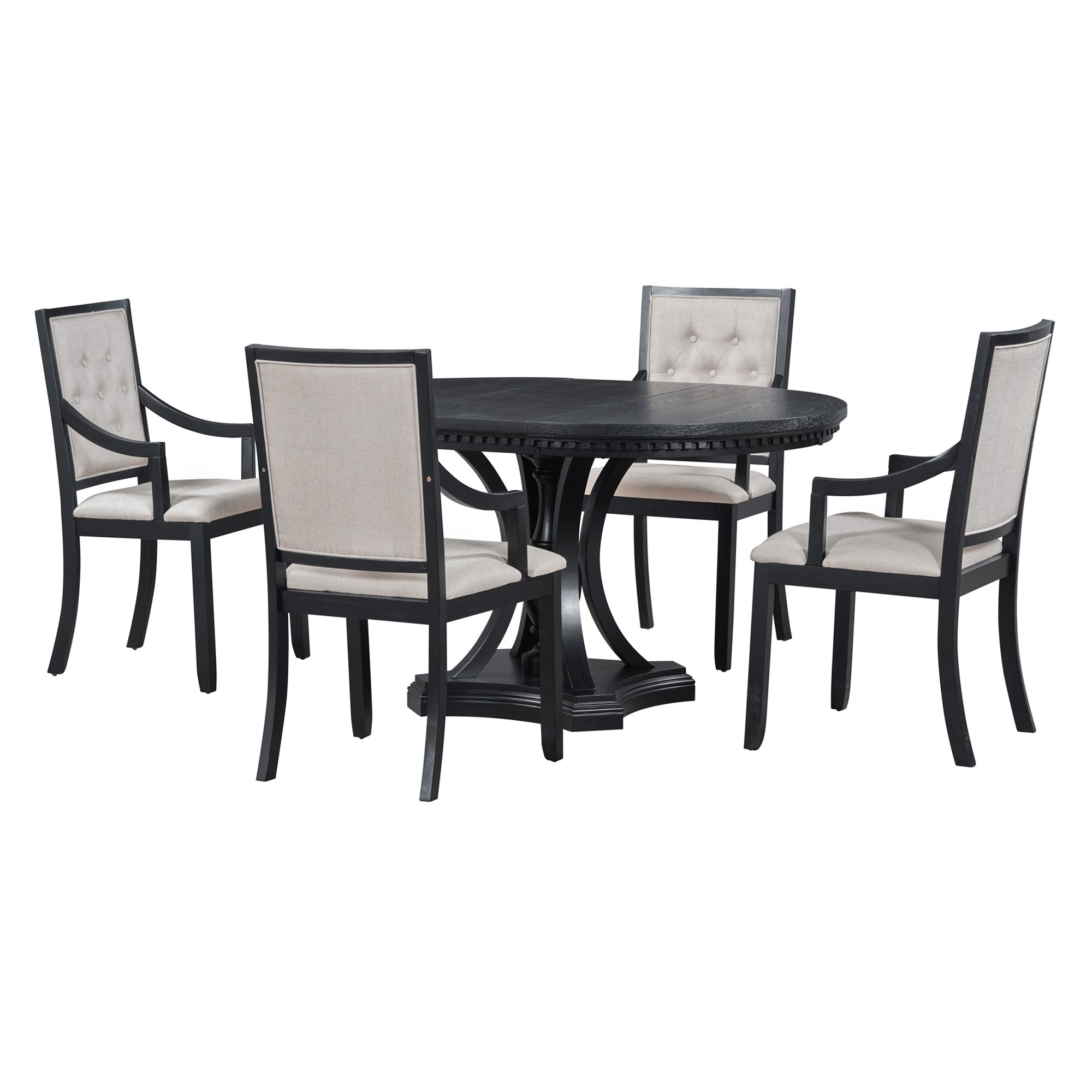 5-piece Dining Set Extendable Round Table and 4 Chairs for Kitchen Dining Room - Black Oak