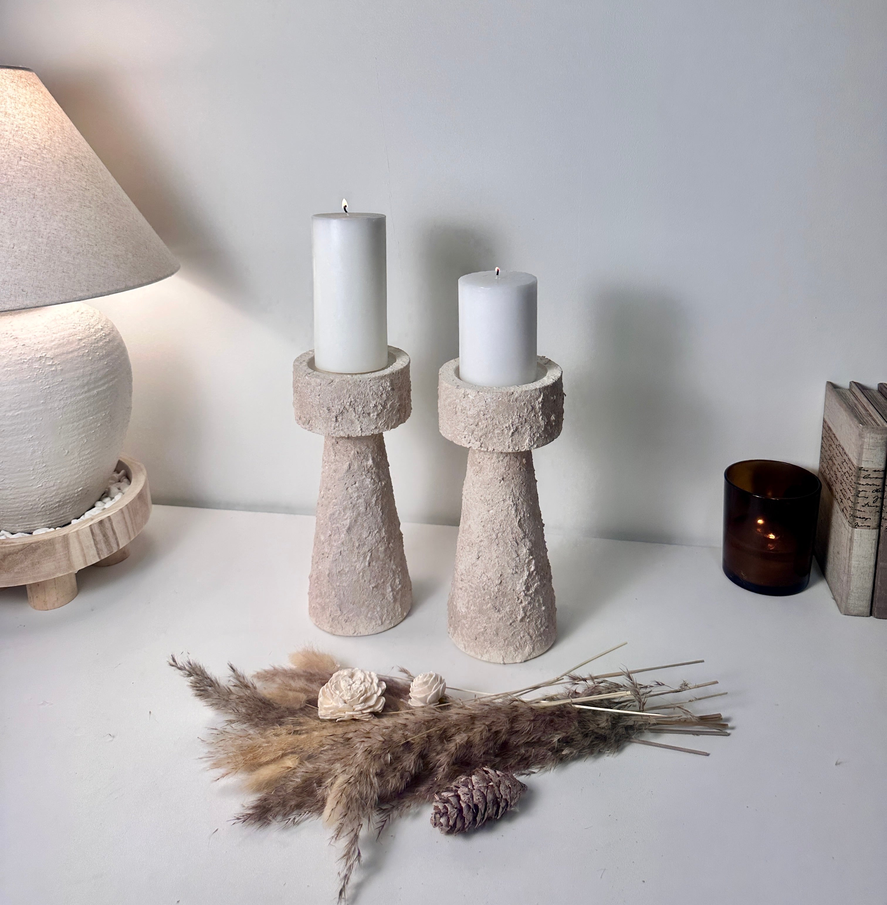 Set of 2 candle holder tray and stick minimalist style 11" tall - Cream wash