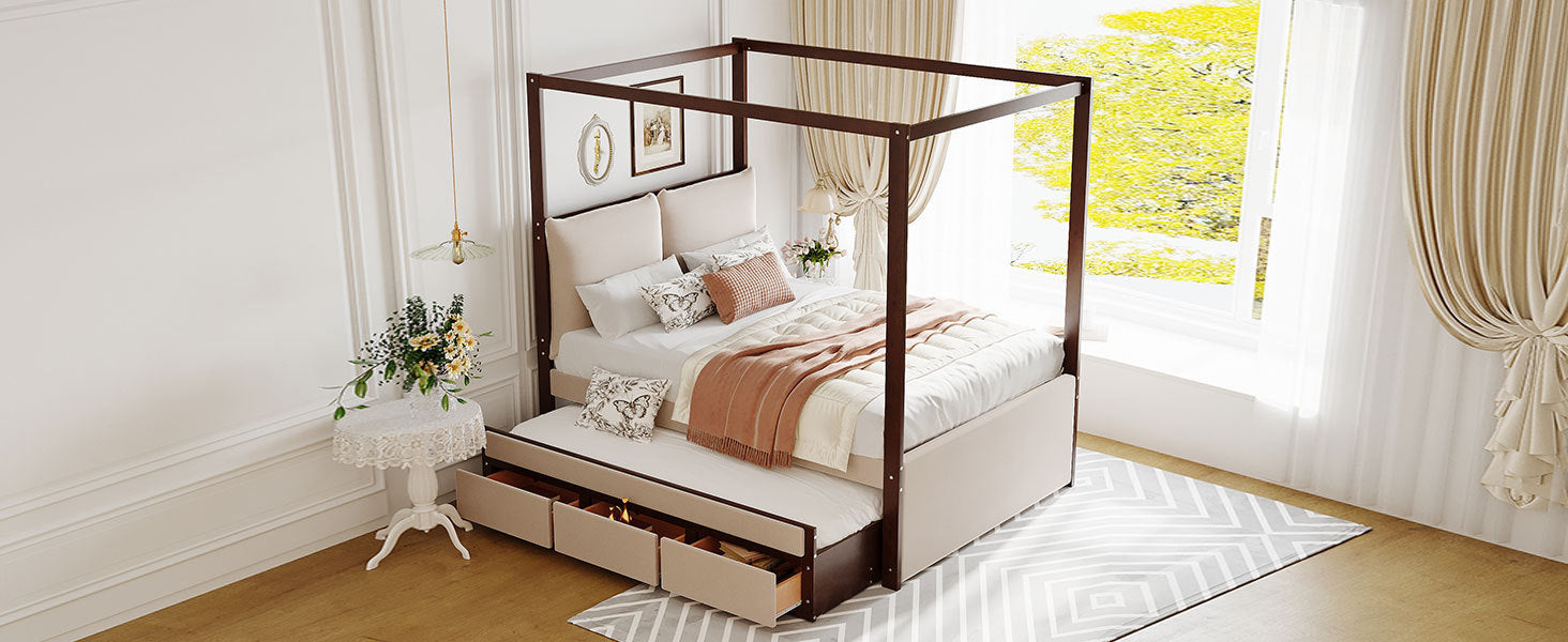 Full Size Upholstered  Canopy Bed with Trundle and 3 Drawers - Beige
