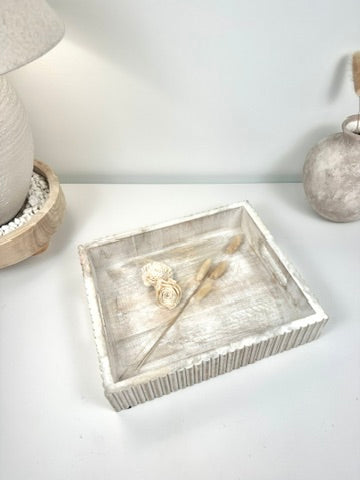 Boho Handmade Serving Wooden Tray Whitewash Finish with Stripes 12x10x2.5”