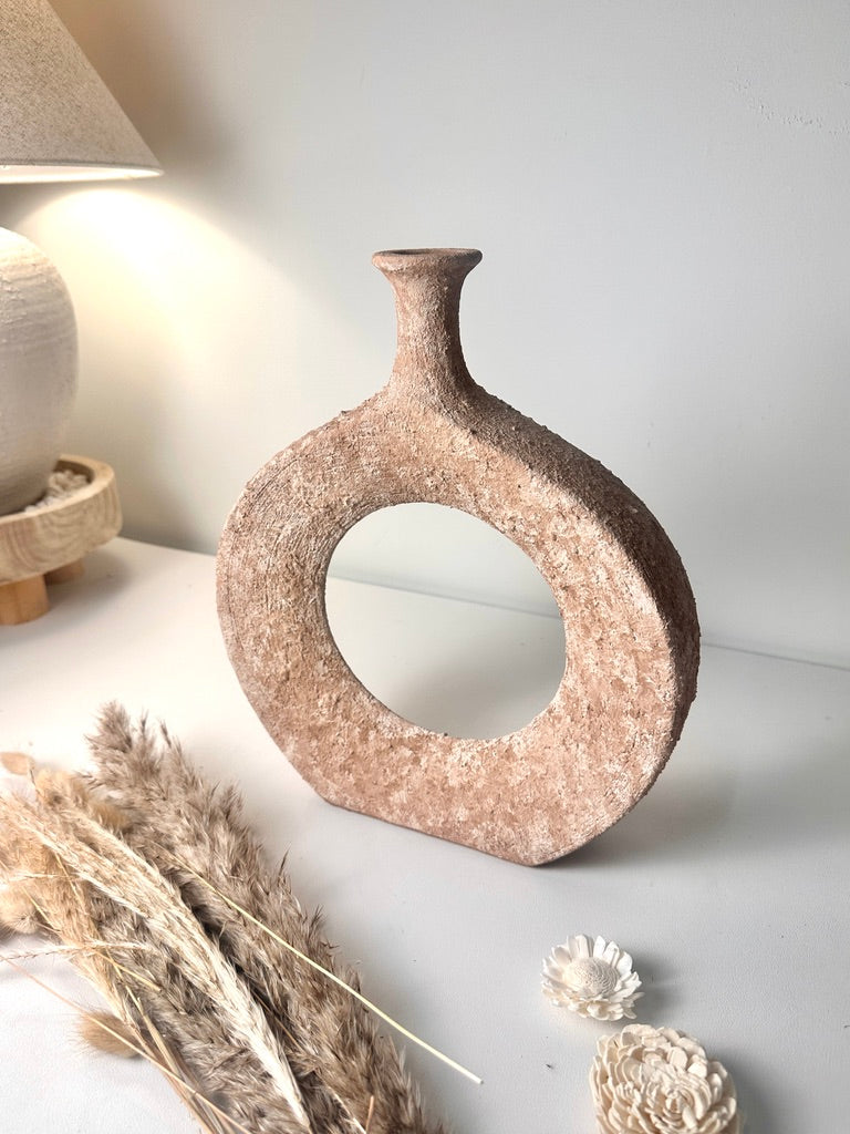 Terracotta Hand-Painted Textured Donut Metal Vase 12" tall