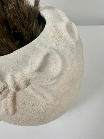 Minimalist Style Ceramic Vase with Bow 7", Painted and Textured by Hand - Cream Sand Washed