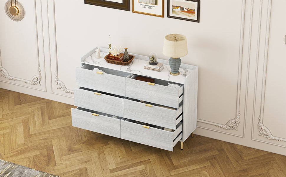 55" Long 6 Drawer Dresser with Marbling Worktop, Mordern Storage Cabinet with Metal Leg and Handle - White