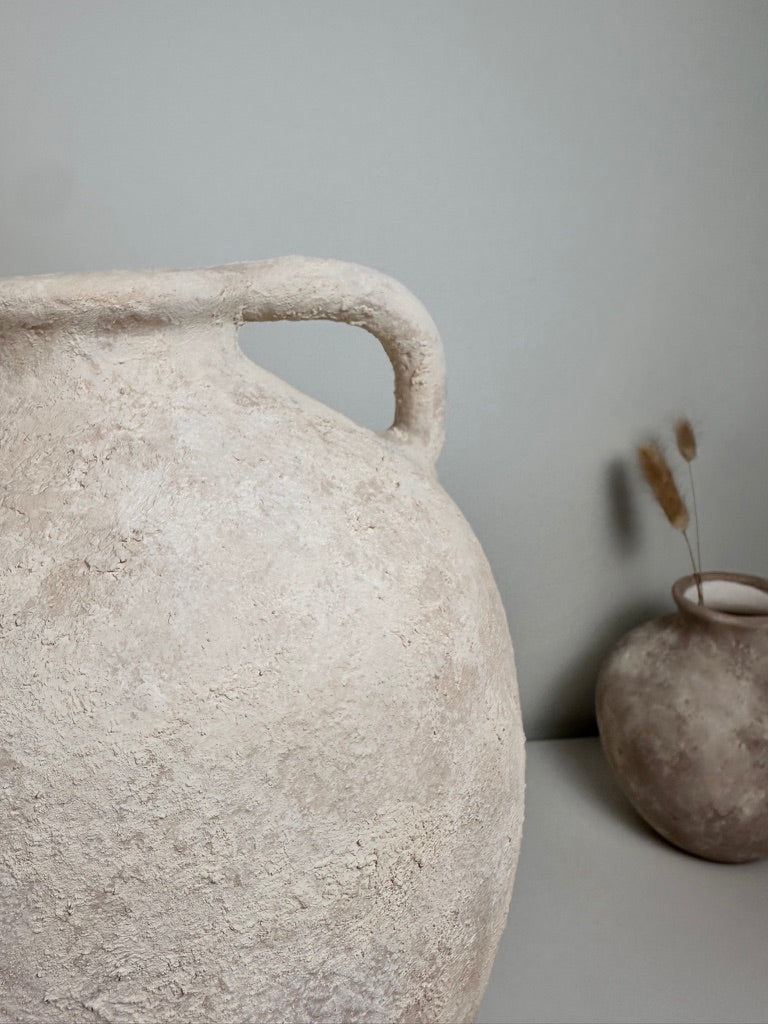 Amphora-inspired Shape Vase With One Handle, Painted And Textured By Hand, Off White/ Cream