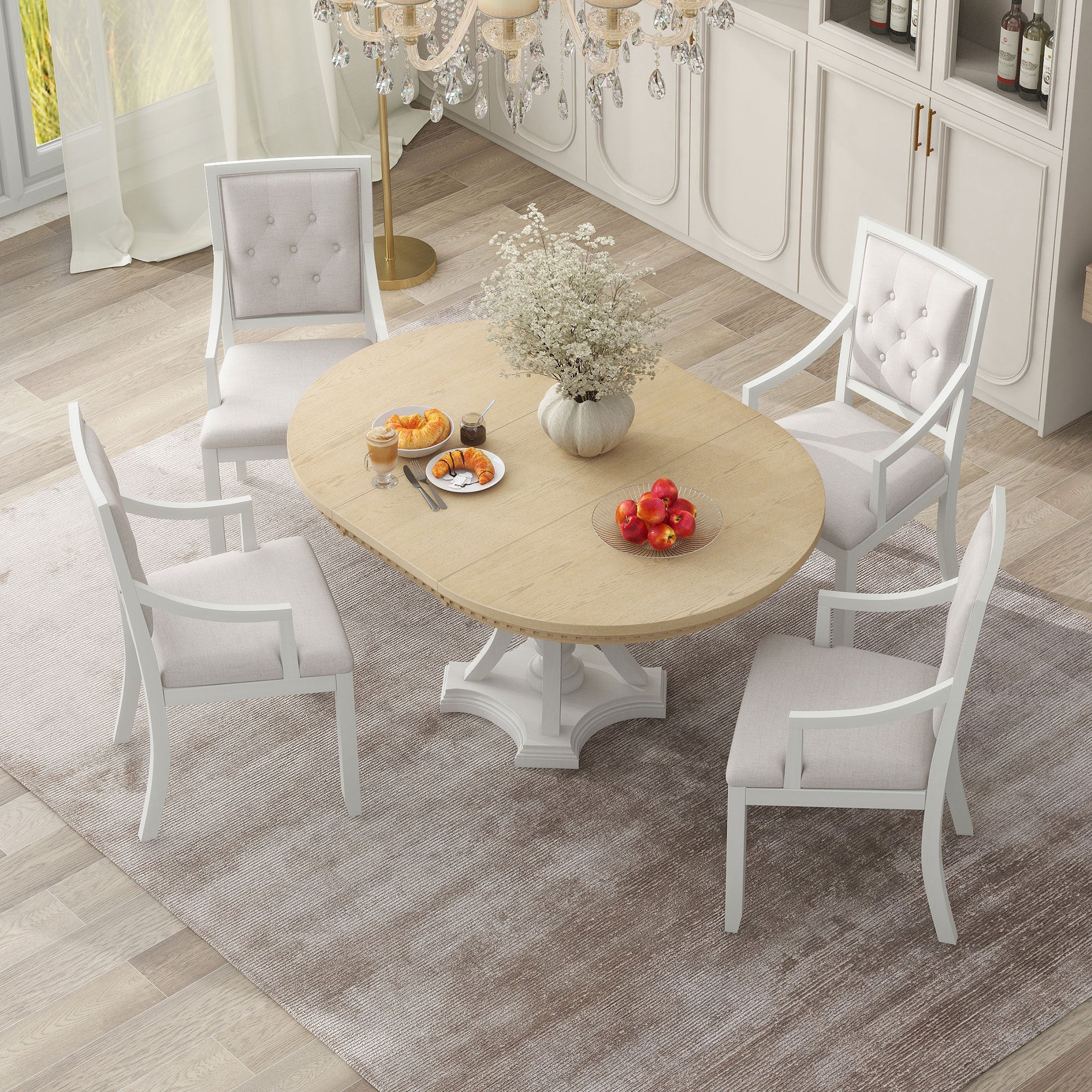 Retro 5-piece Dining Set Extendable Round Table and 4 Chairs - Oak Natural Wood + Antique White