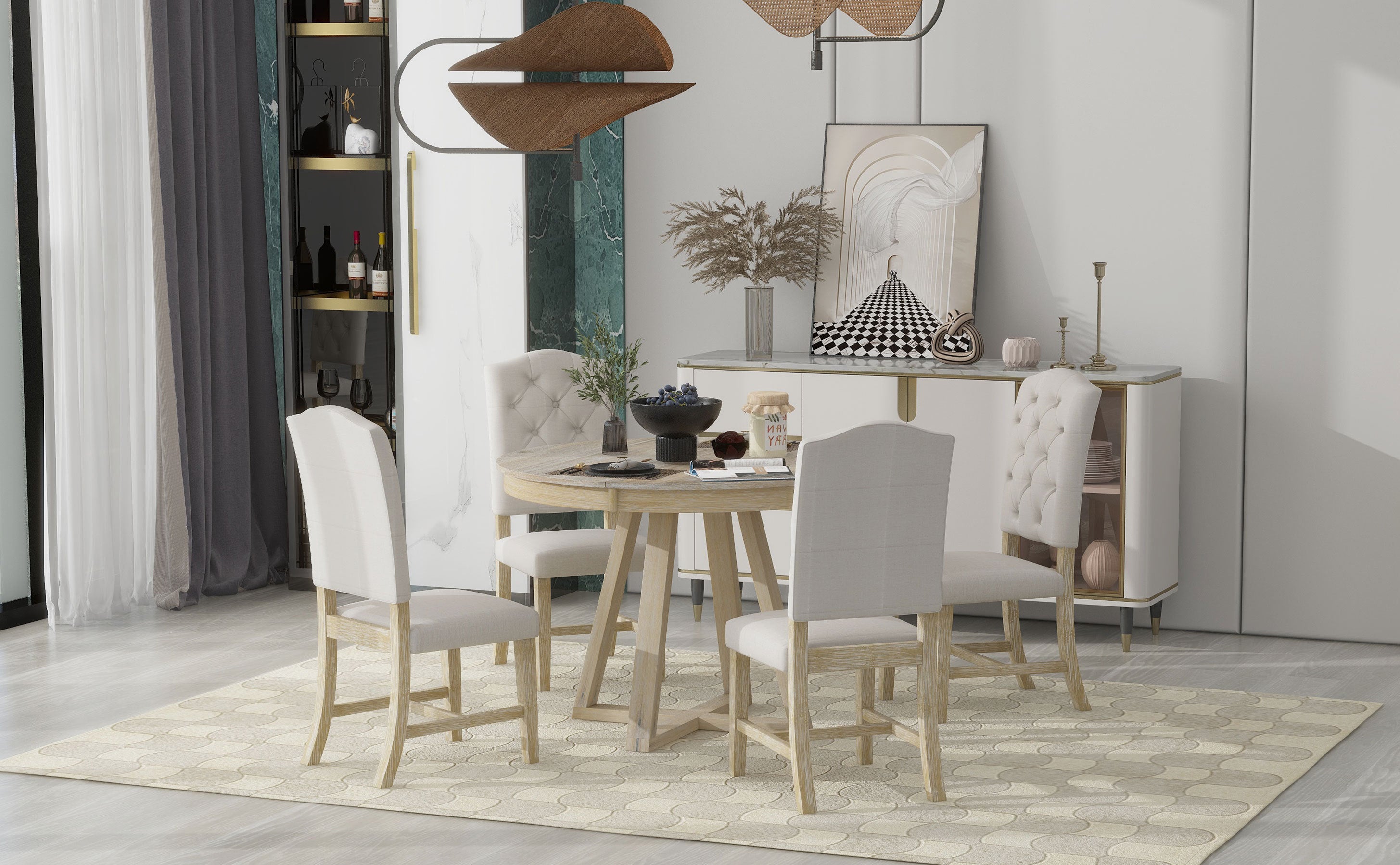 5-Piece Retro Functional Dining Set, Round Table with a 16"W Leaf and 4 Upholstered Chairs - Natural