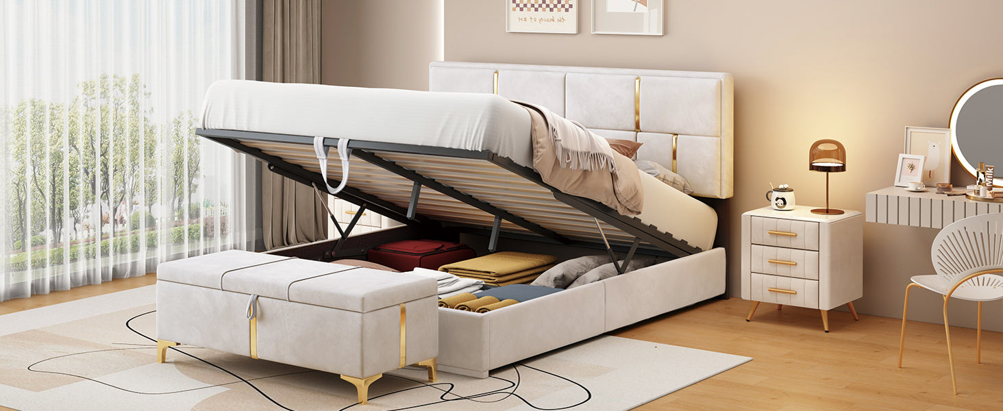 2-Pieces Bedroom Sets: Queen Size Upholstered Platform Bed + Storage Ottoman - Beige