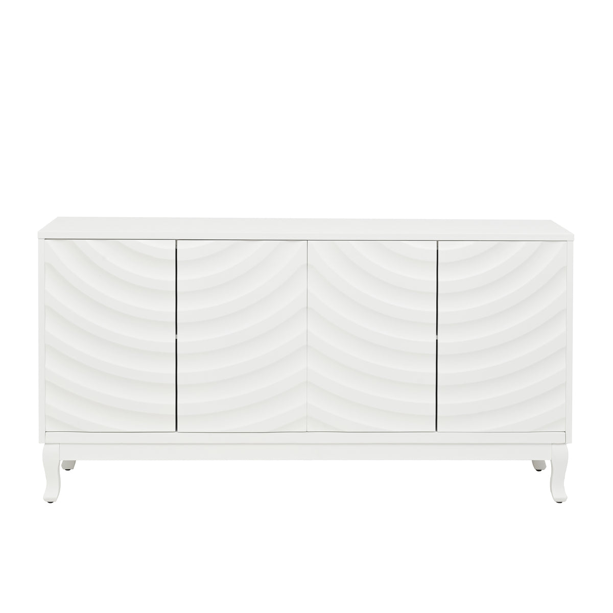 Elegant Sideboard with Sophisticated Wavy Pattern Doors and Arched Groove Design in a Stylish Four-Door Layout, Adjustable for Study, Entryway and Living Room (White, MDF, 59.84')