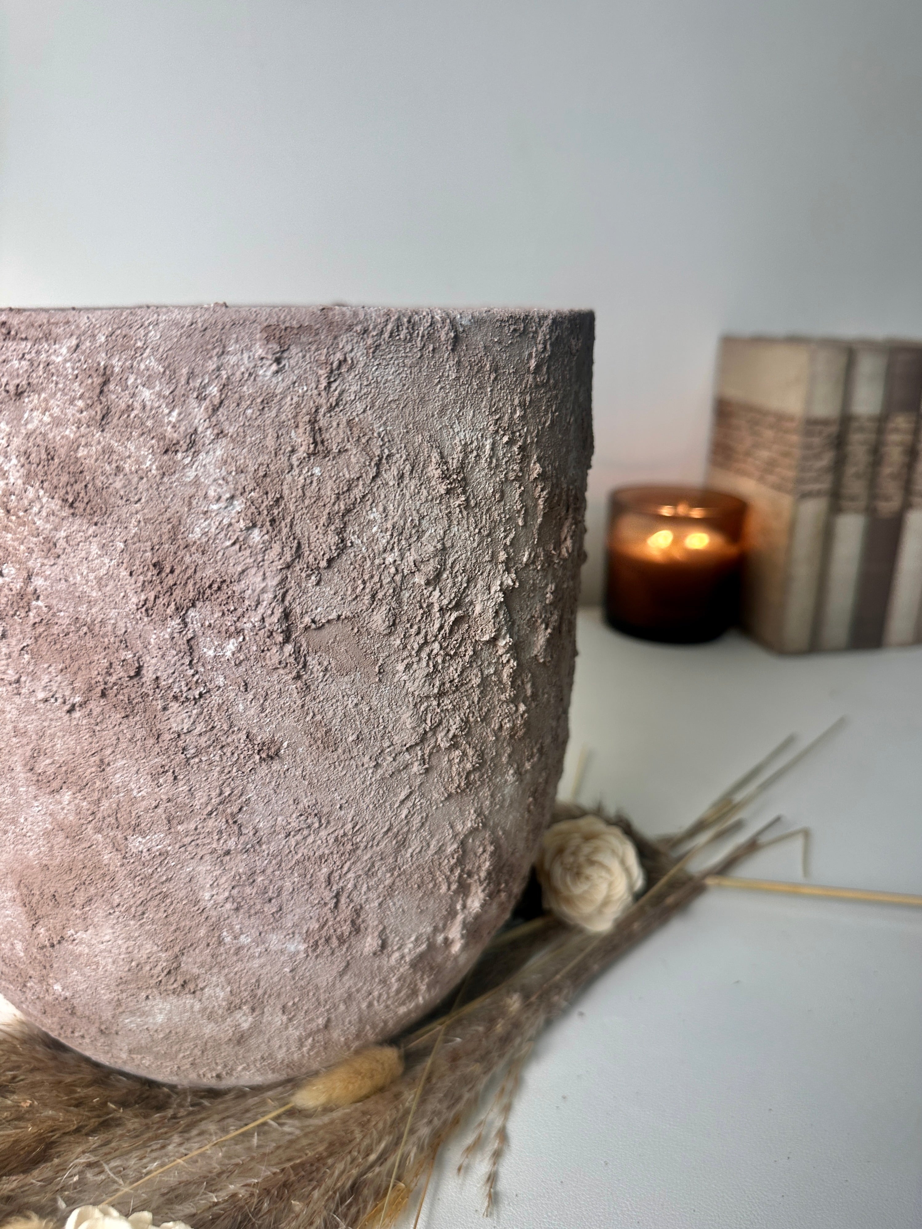 9" tall Minimalist Hand-Painted & Textured Planter Pot with Drainage Hole - Light Coffee Brown
