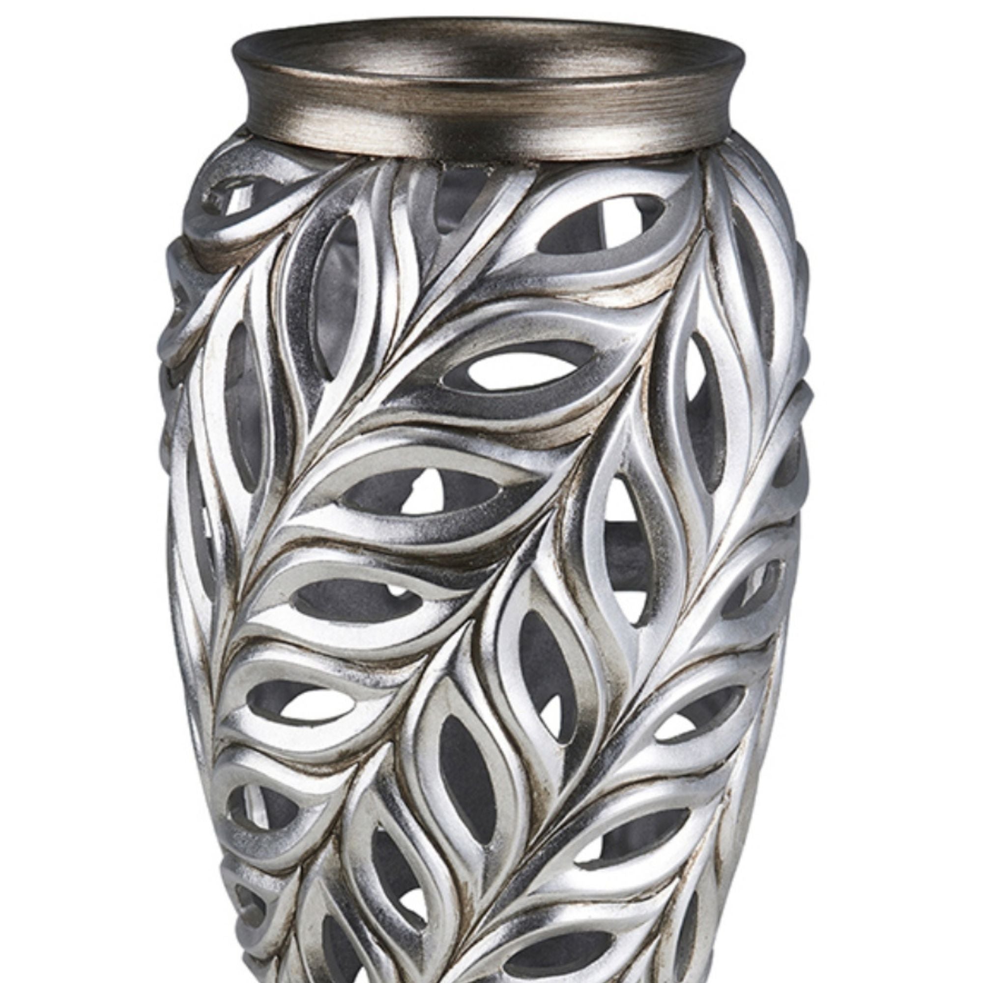 15.75" Tall Polyresin Decorative Vase "Kiara", Silver Peacock Feathers Design