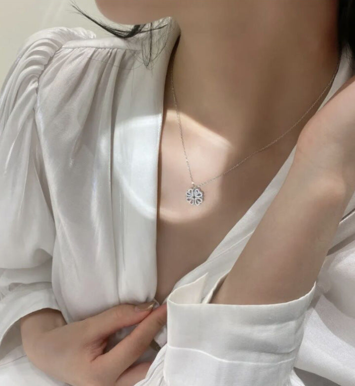 Retro Magnetic Folding Heart Shaped Four Leaf Clover Pendant Necklace Women