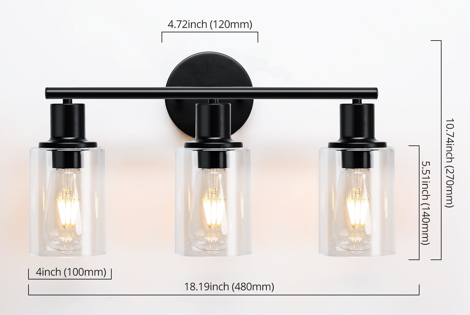 3-Light Vanity Light with Clear Glass Lampshade - Black Metal