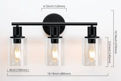 3-Light Vanity Light with Clear Glass Lampshade - Black Metal