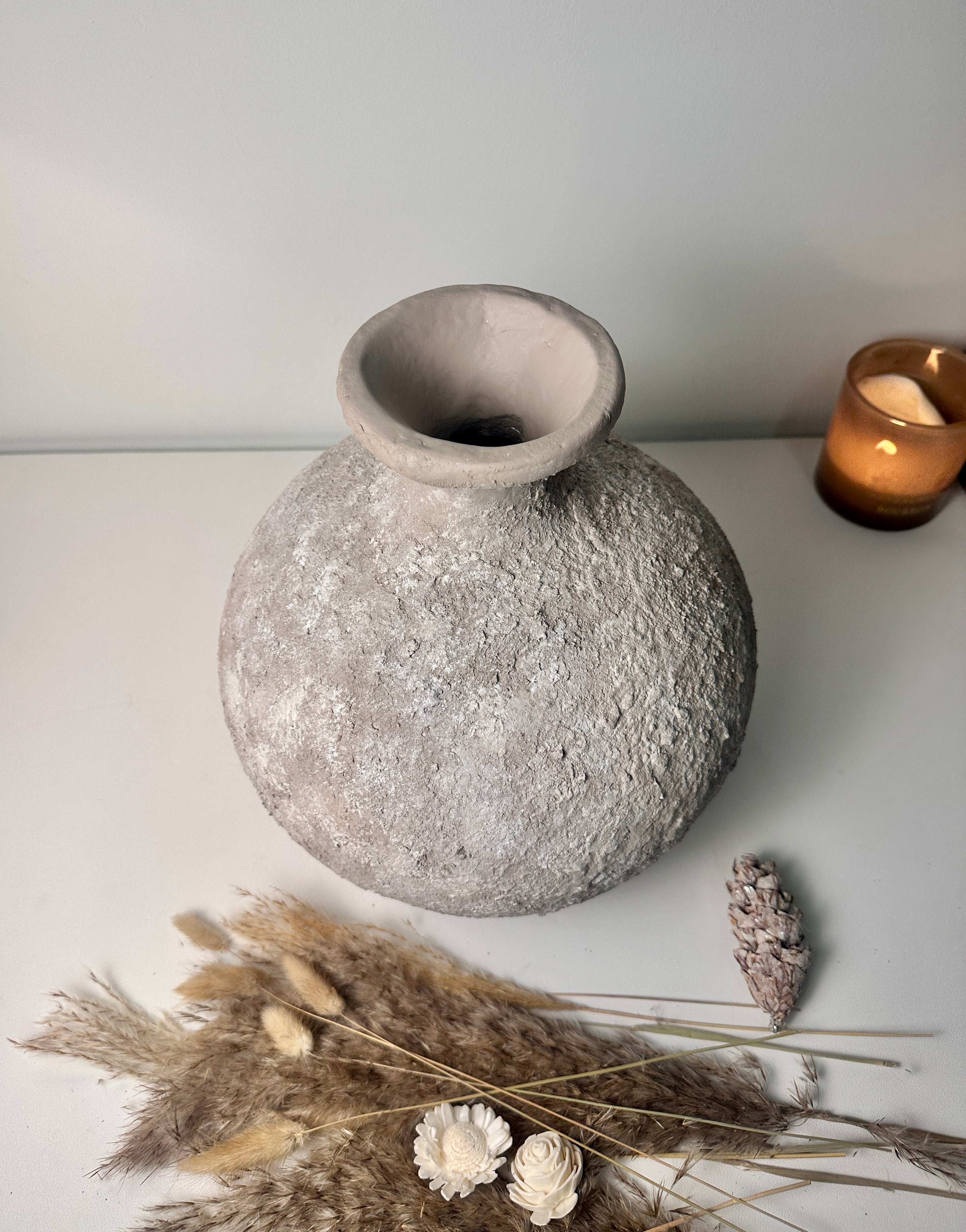 Rustic Hand-Painted Ceramic Round Bottle Vase 11" tall - Beige Wash