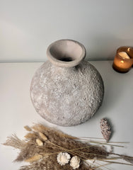Rustic Hand-Painted Ceramic Round Bottle Vase 11" tall - Beige Wash