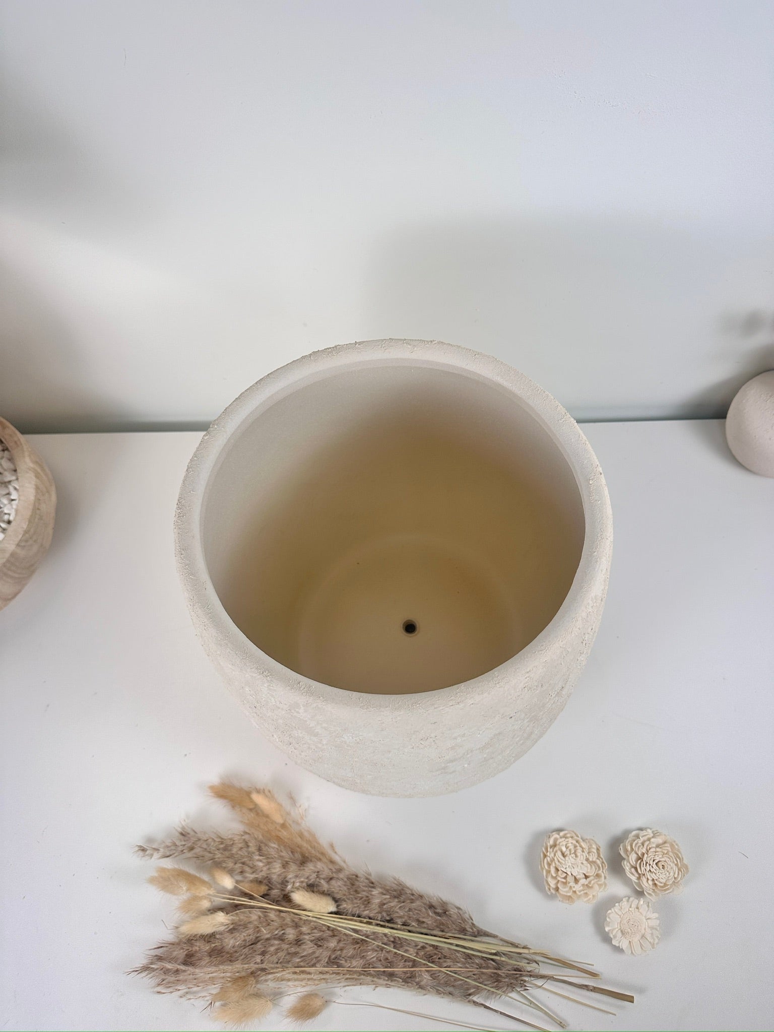 Minimalist Hand-Painted & Textured Planter Pot 12.5" tall with drainage hole one time creation - Cream Linen wash