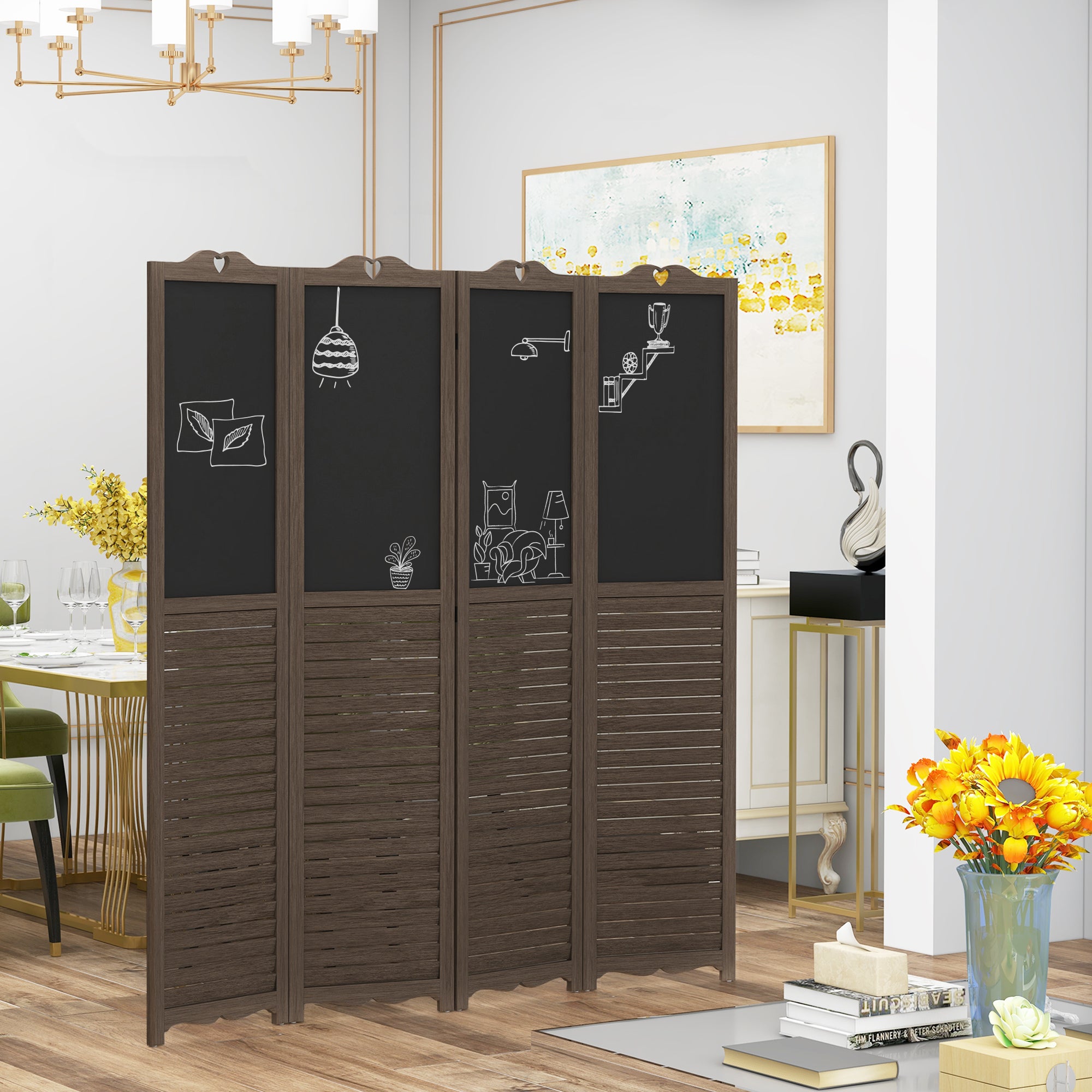4-Panel Folding Room Divider with Blackboard, 5.5 Ft Tall Freestanding Privacy Screen Panels - Walnut Brown