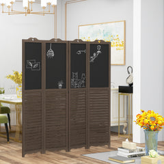 4-Panel Folding Room Divider with Blackboard, 5.5 Ft Tall Freestanding Privacy Screen Panels - Walnut Brown