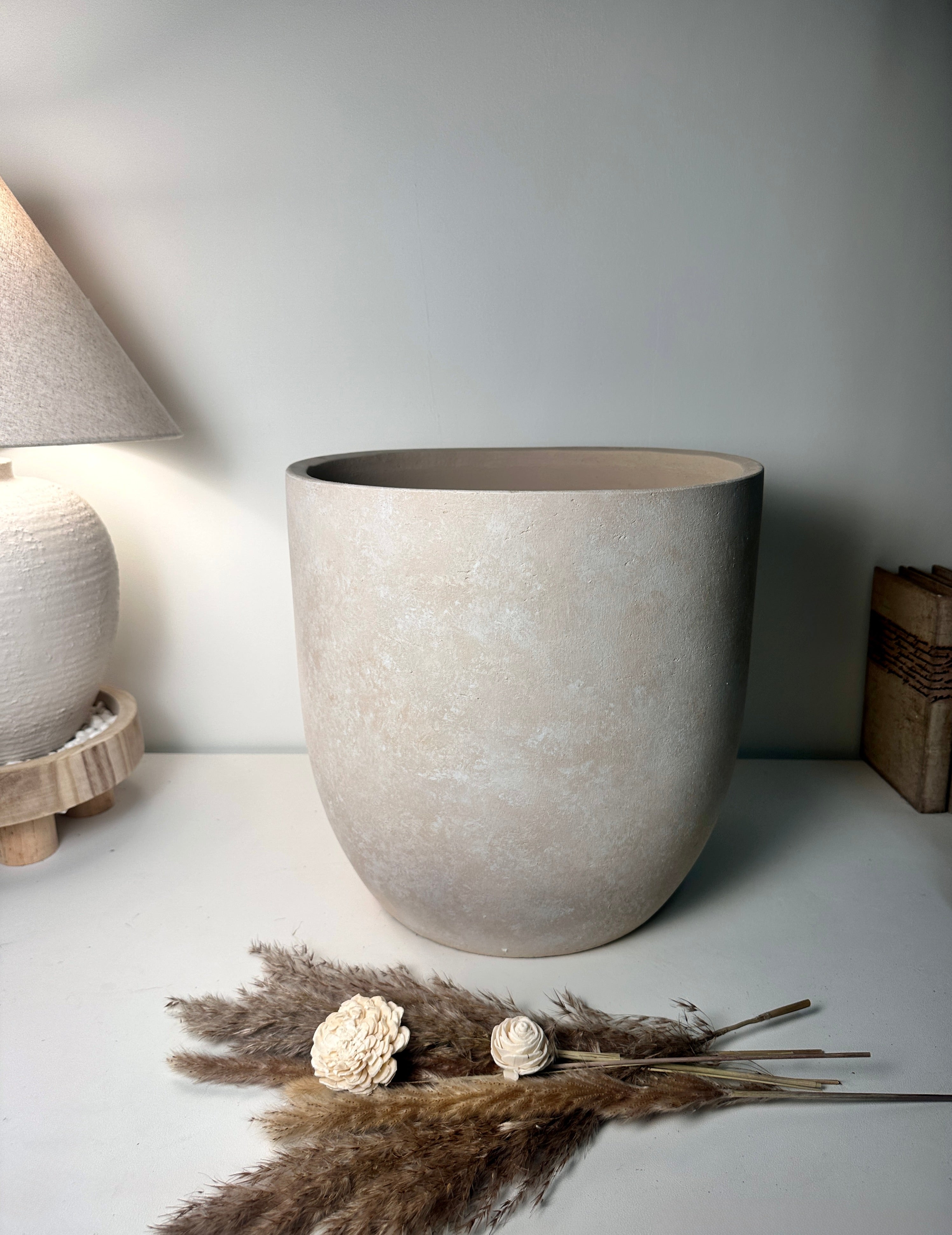 13.5" Minimalist Hand-Painted Planter Pot with Drainage Hole - Cream Ash