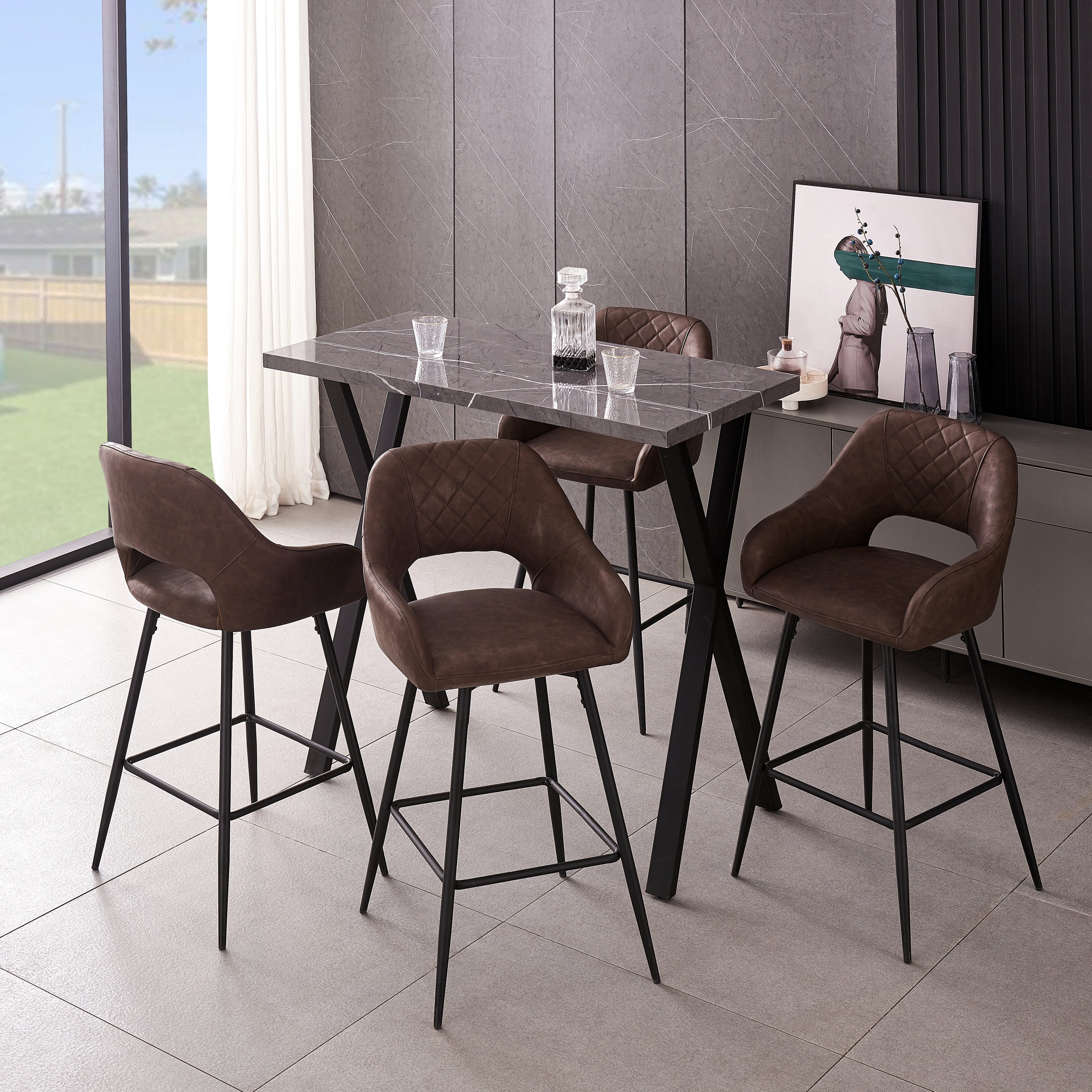 Bar Stools Set of 2 Leather Brown Breakfast Dining Bar Stools Fixed Height Bar Chairs with Metal Frame and Footrest