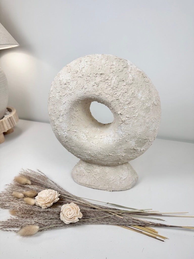 Abstract Minimalist Sculpture Made of Organic Stone, White Donut-Shaped Textured 13" - Cream