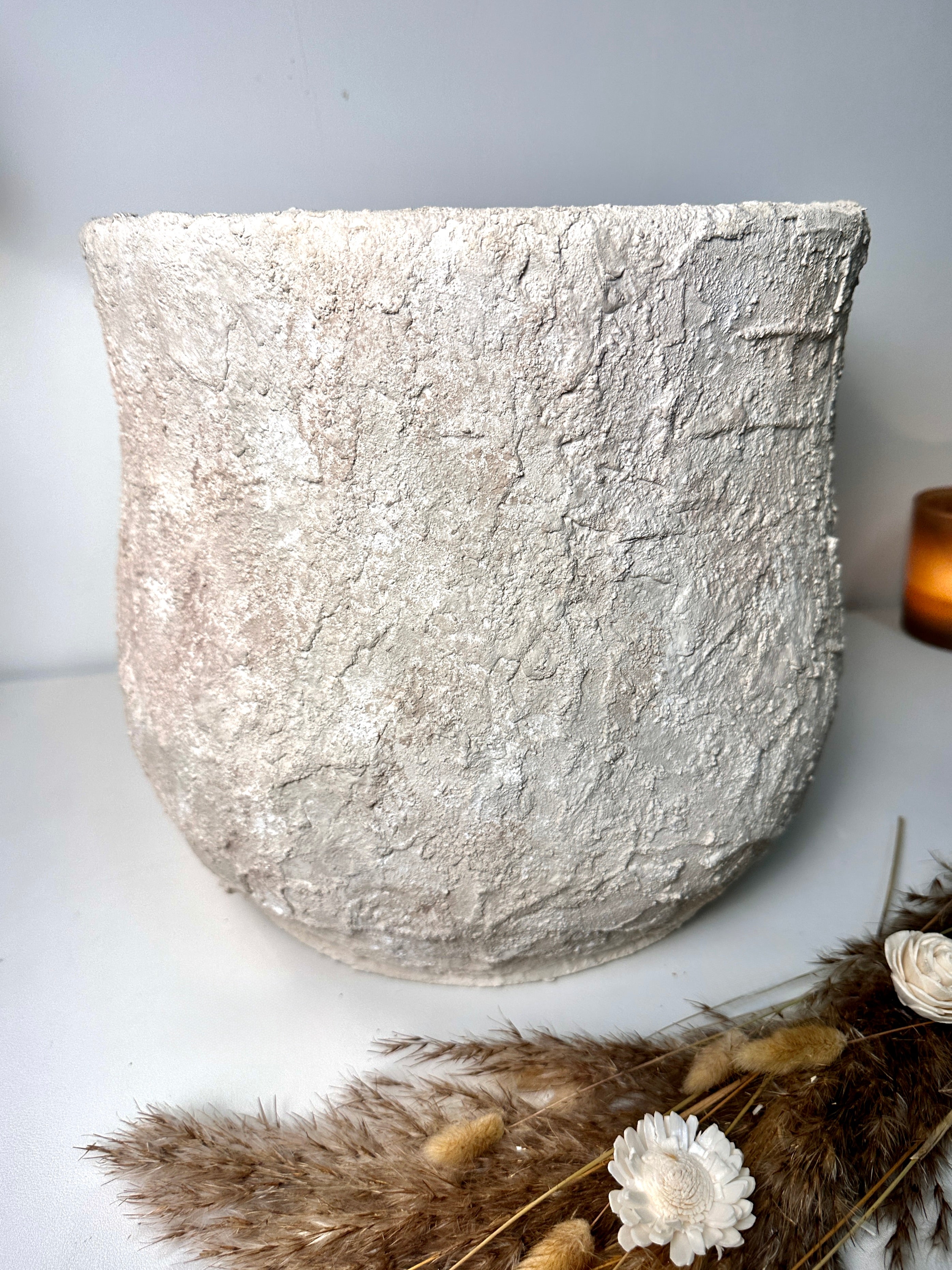 Minimalist Hand-Painted & Textured Planter Pot 12" tall with drainage hole one time creation - Cream Linen wash
