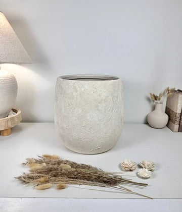 Minimalist Hand-Painted & Textured Planter Pot 12.5" tall with drainage hole one time creation - Cream Linen wash
