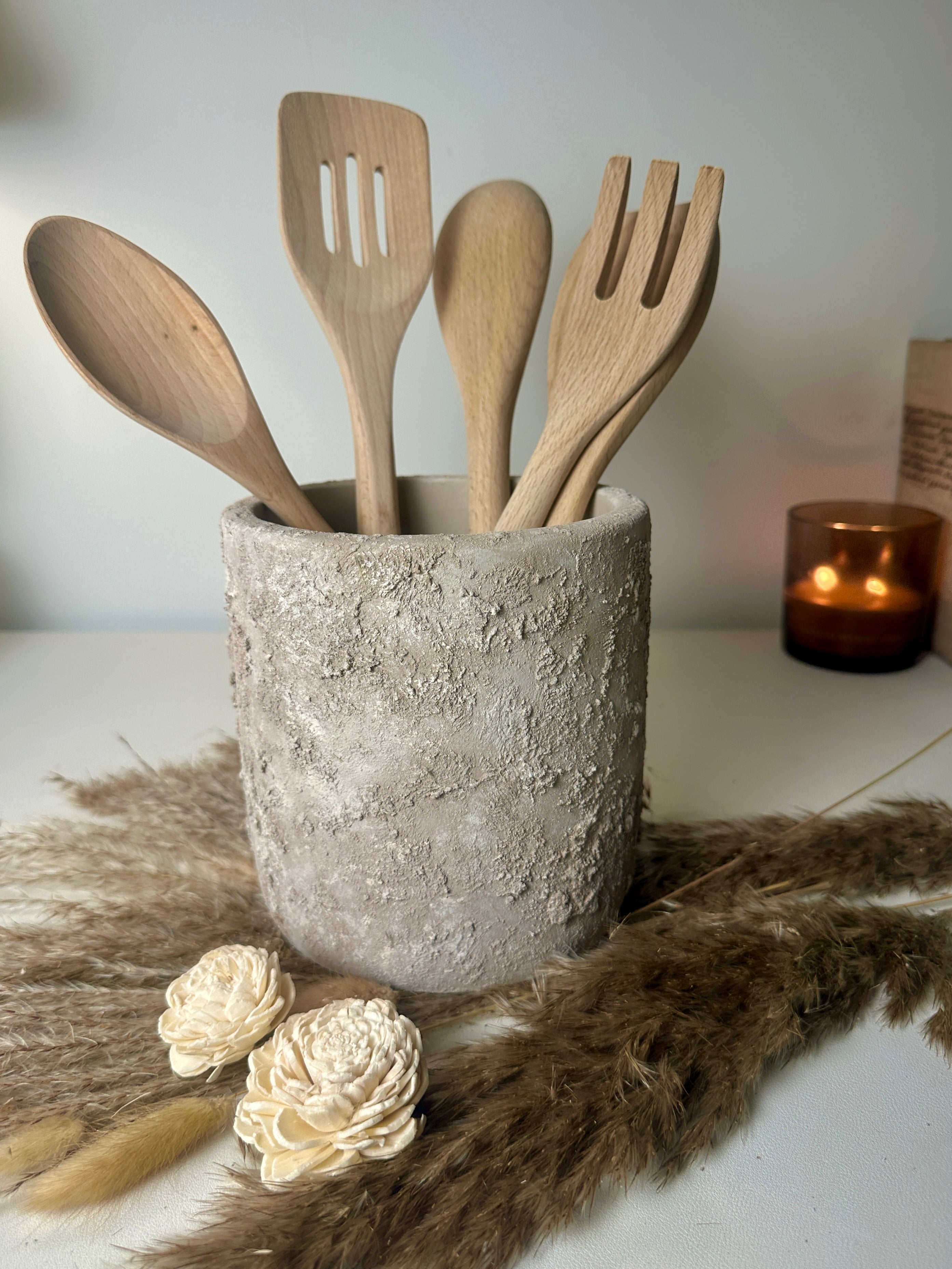 Utensil Spoon Kitchen Decor Pot Hand-Painted Textured 7" tall - Beige Wash