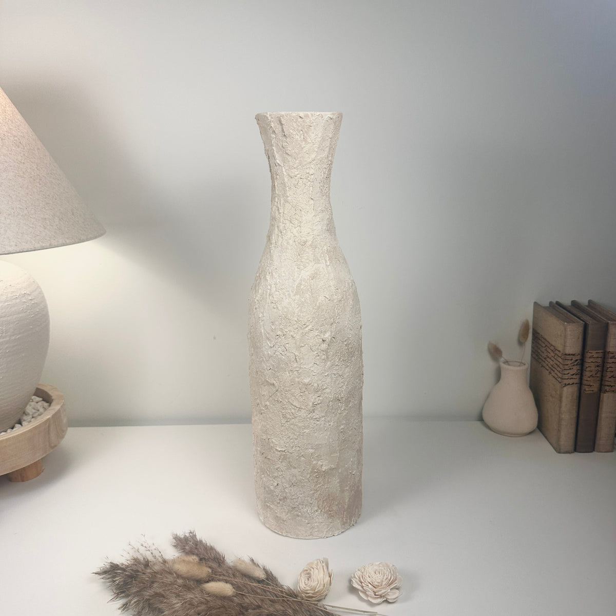 Minimalist Art Piece Floor Vase 19.5" tall - textured and hand-painted - off white