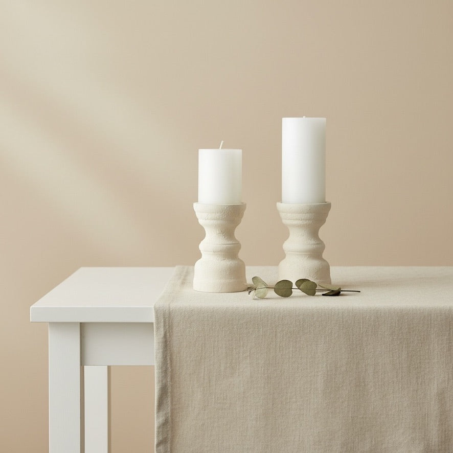 Set of 2 Candle Holders Minimalist Style Hand-Painted and Textured Wood 6" tall each - Cream White