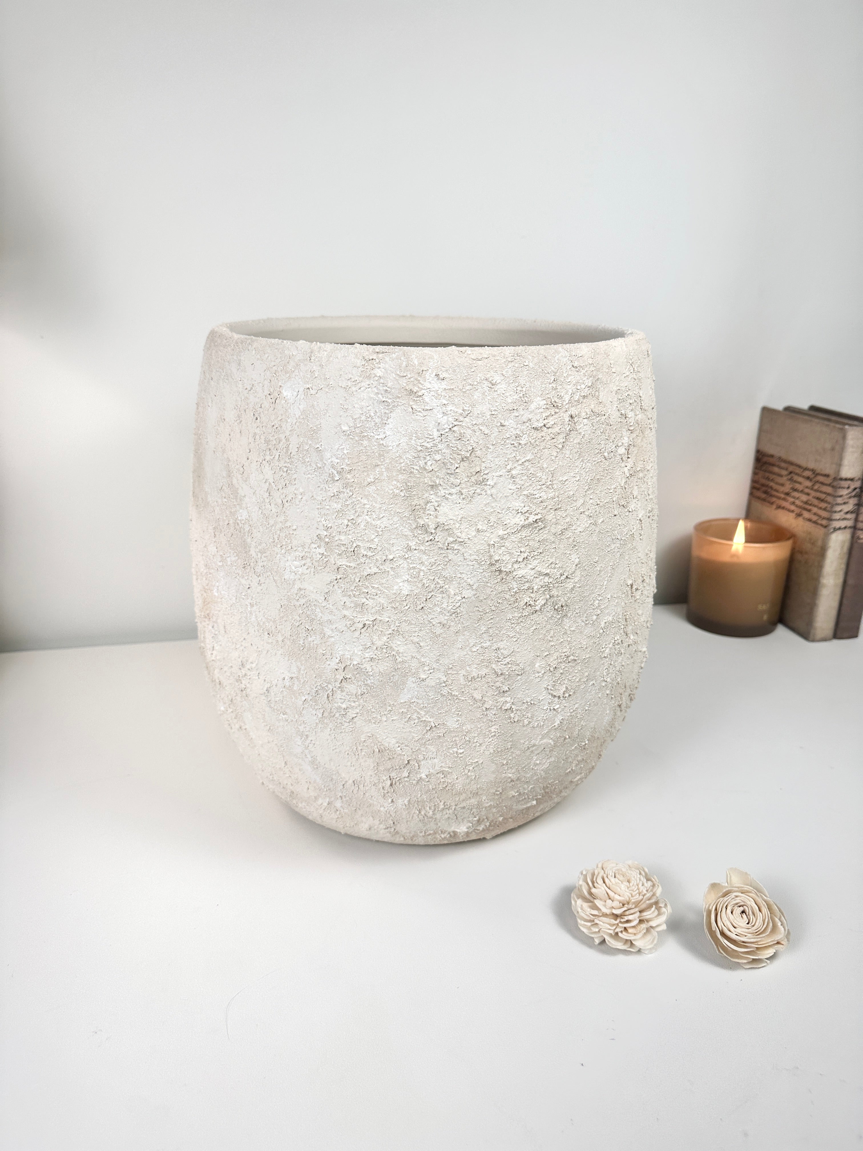 Minimalist Textured Hand-painted Ceramic Planter 12.5"" tall - off white washed