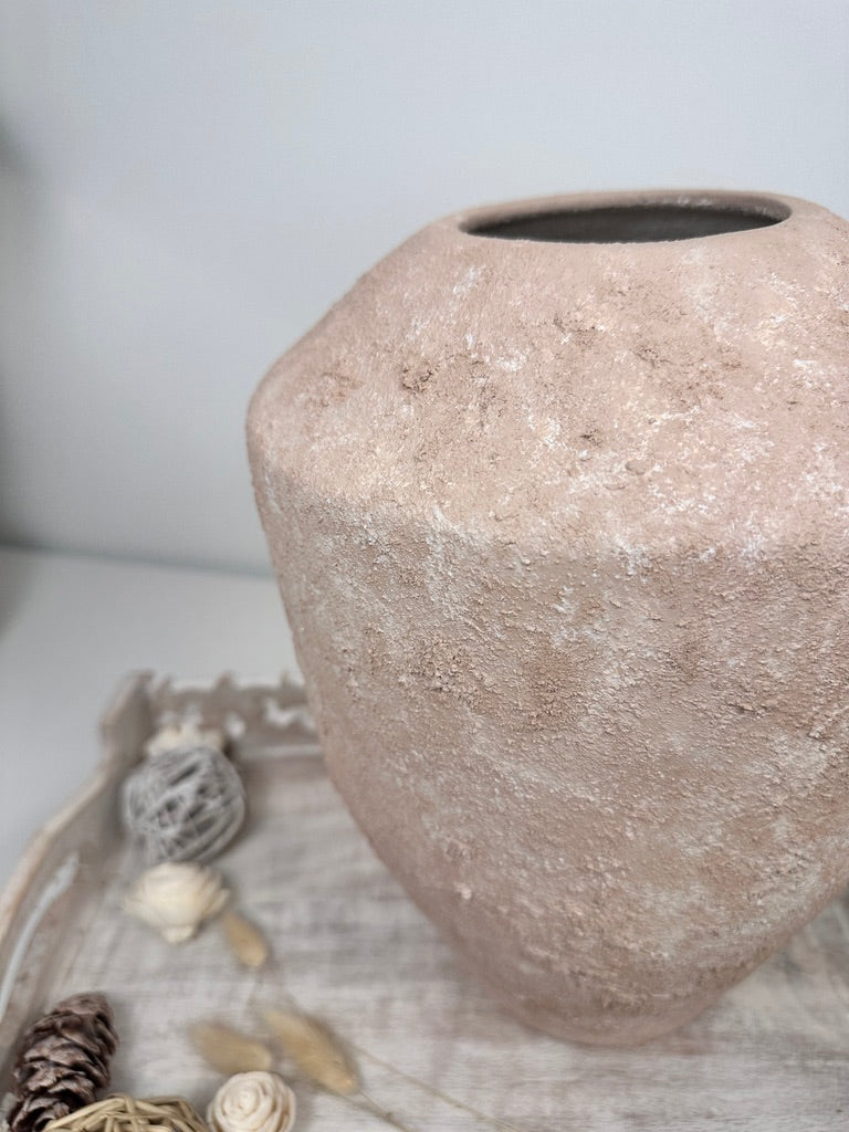 Rustic Minimalist Textured Hand-Painted Ceramic Vase 12" - Light Beige Wash