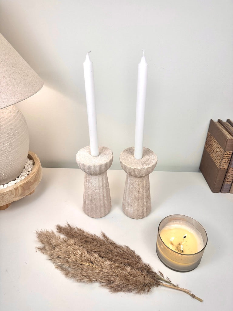 Set of 2 Textured Hand-Painted Candlestick 10" tall - Beige Washed