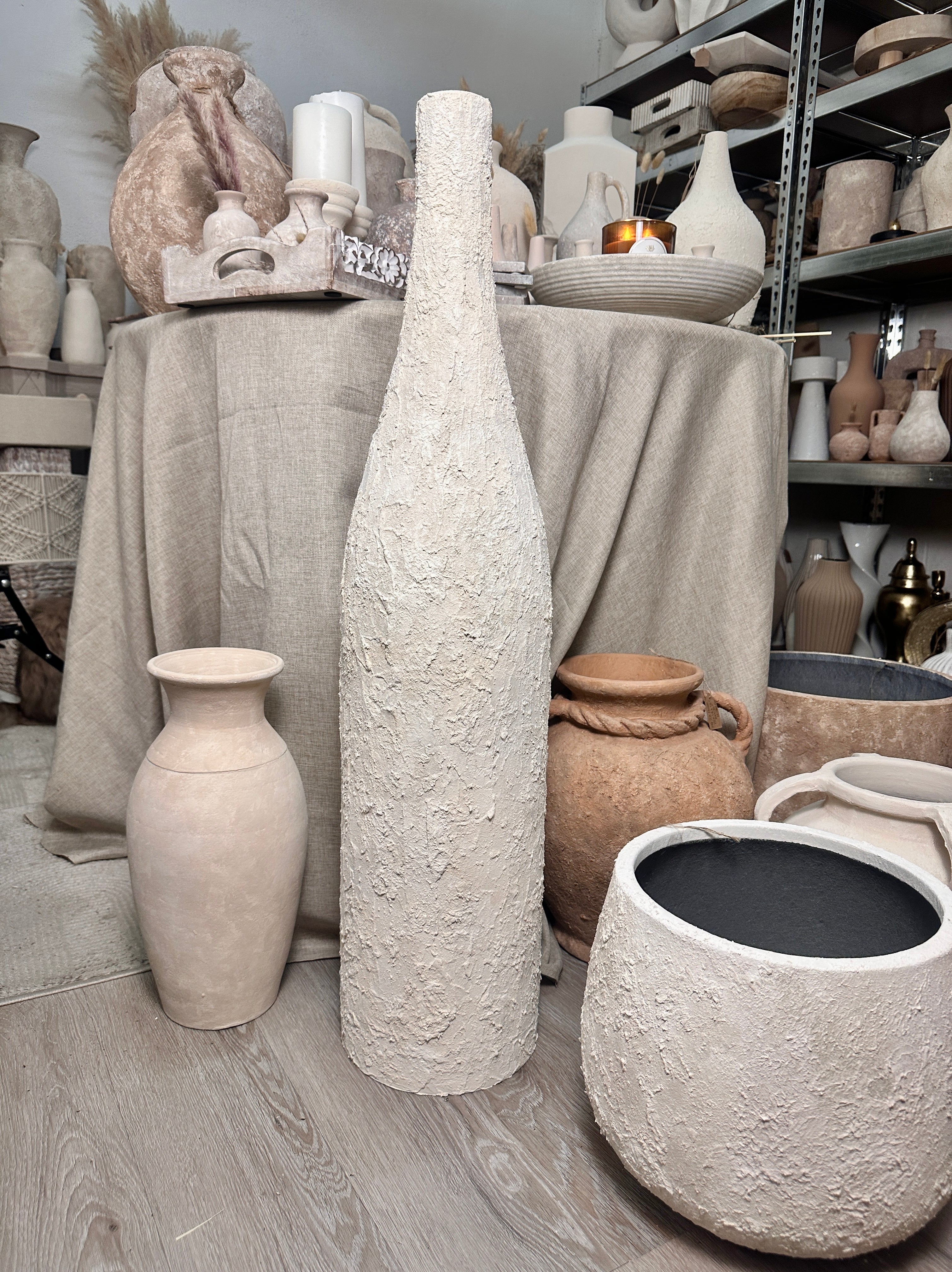 Art Piece 36" Tall Floor Vase Metal/Plaster Textured Minimalist Style - Off White Washed