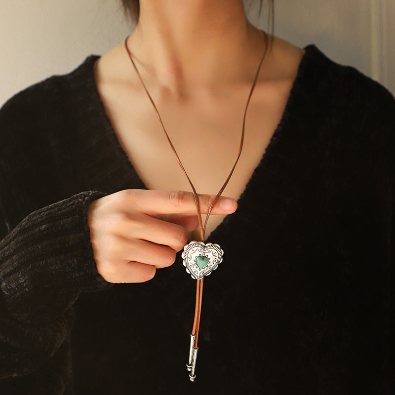 Vintage Style Heart Pendant Necklace, Turquoise Stone, Brown Leather Cord, Silver Tone