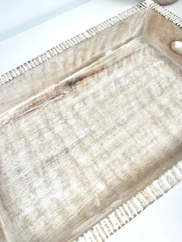 Boho Handmade Serving Wooden Tray Whitewash Finish with Stripes 12x10x2.5”